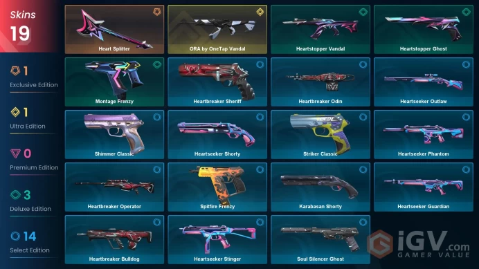 AP | 18 skins | ORA by OneTap Vandal | Heart Splitter | Heartstopper Ghost | Heartstopper Vandal | Soul Silencer Ghost | F1173