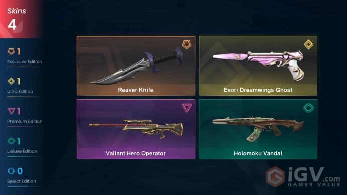 EU | 4 skins | Reaver Knife | Evori Dreamwings Ghost | Valiant Hero Operator | Holomoku Vandal | R9763