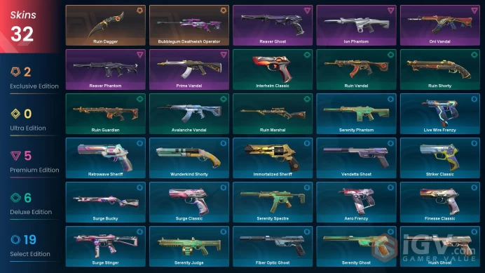 AP | 32 skins | Prime Vandal | Ruin Dagger | Bubblegum Deathwish Operator | Oni Vandal | Reaver Phantom | Ion Phantom | Reaver Ghost | T6164