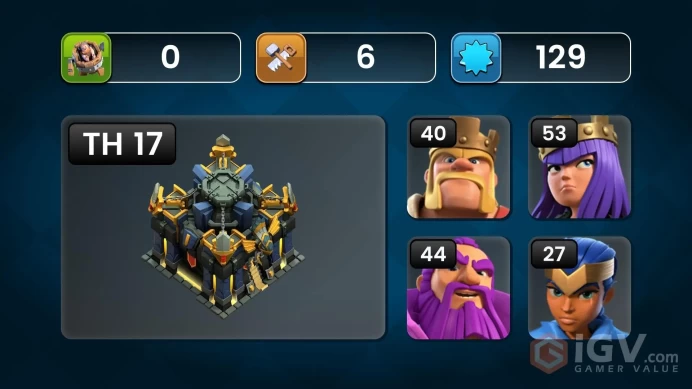 TH17 LVL129 | Heroes : BK40 AQ53 MP34 GW43 RC27 DD6 | Decent Base | Best Price | War Stars, Magic Items, Equipment Epic, Hero Skin, Hero Max