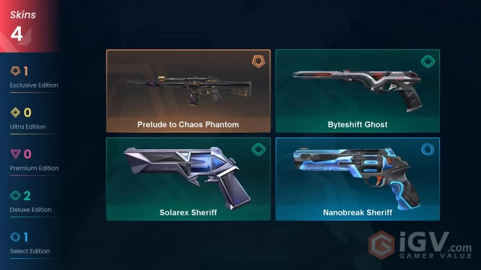 EU | 4 skins | Prelude to Chaos Phantom | Byteshift Ghost | Solarex Sheriff | Nanobreak Sheriff | I3250