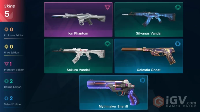 EU | 5 skins | Ion Phantom | Silvanus Vandal | Sakura Vandal | Celestia Ghost | Mythmaker Sheriff | O2926