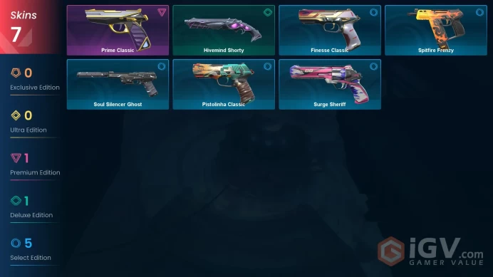 EU | 7 skins | Prime Classic | Hivemind Shorty | Surge Sheriff | Finesse Classic | Spitfire Frenzy | Pistolinha Classic | M3192