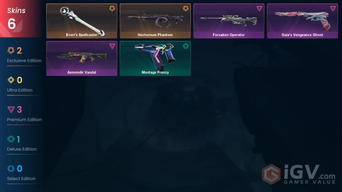 AP | 6 skins | Evori's Spellcaster | Nocturnum Phantom | Aemondir Vandal | Forsaken Operator | Gaia's Vengeance Ghost | Montage Frenzy | N9165