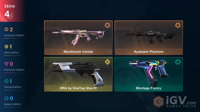 EU | 4 skins | Ayakashi Phantom | Mystbloom Vandal | ORA by OneTap Sheriff | Montage Frenzy | I6646