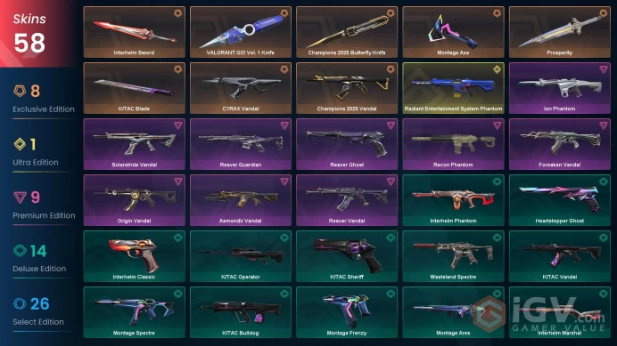 NA | 58 skins | Champions 2025 Butterfly Knife | Radiant Entertainment System Phantom | VALORANT GO! Vol. 1 Knife | I9643
