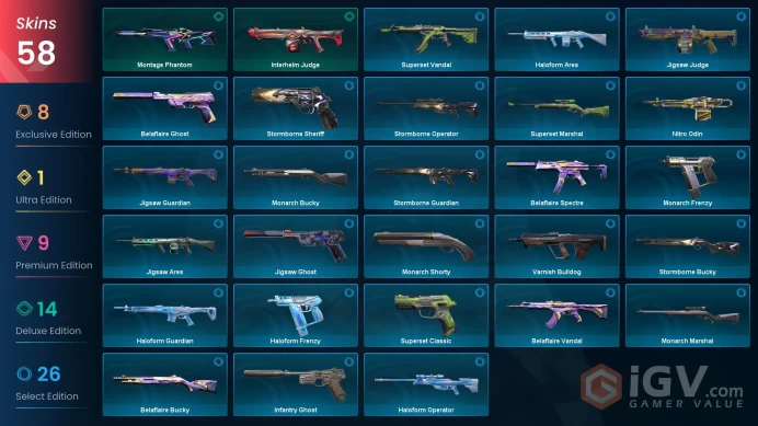 NA | 58 skins | Champions 2025 Butterfly Knife | Radiant Entertainment System Phantom | VALORANT GO! Vol. 1 Knife | I9643