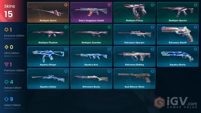 EU Full Access | 15 Skins Shellspire Sword + Gaia's Vengeance Vandal + Shellspire Phantom + Retrowave Bulldog + more  Silver 2 Last Rank