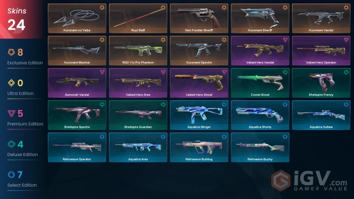 EU / 24 skins / Kuronami no Yaiba / Kuronami Vandal / Aemondir Vandal / Neo Frontier Sheriff / Valiant Hero Bundle / V16