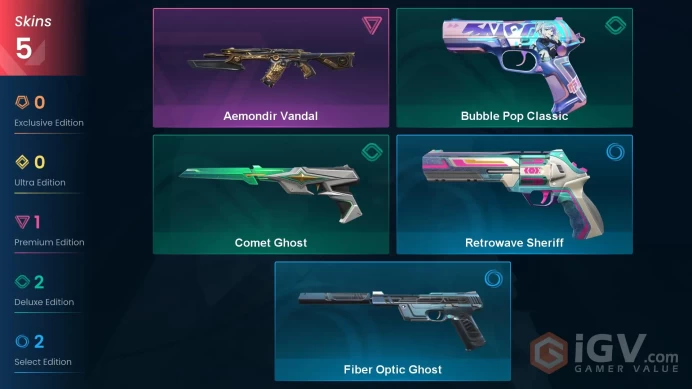 EU 5 skins | Aemondir Vandal | Comet Ghost | Bubble Pop Classic | Retrowave Sheriff | Fiber Optic Ghost | V0435