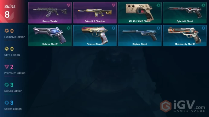 EU | 8 skins | Reaver Vandal | Prime//2.0 Phantom | Solarex Sheriff | Byteshift Ghost | ATLAS // CMD Classic | Digihex Ghost | C7978