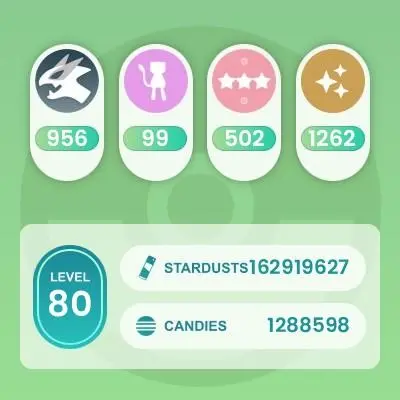 Level 80, 23 Legendary IV100, 1262 Shiny, 956 Legendary, 502 IV 100, 62 Shiny Legendary, 116 Shadow Legendary