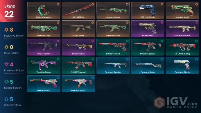 EU / 22 skins / Imperium Bundle / Araxys Vandal / Sovereign Phantom / VCT x KC Classic / Prime Guardian / V17
