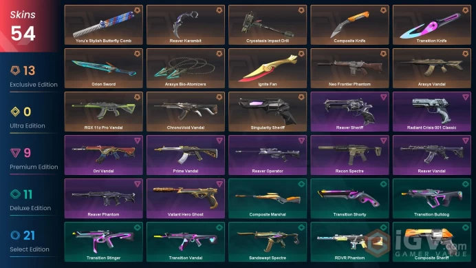 EU+54 skin+Total consumption 48000 VP+Bronze 3+Yoru's Stylish Butterfly Comb+Araxys Bio-Atomizers+Reaver Karambit+RGX 11z Pro Vandal    3.23.3