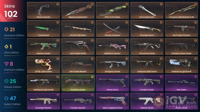 EU/TUR 75690 VP Champions 2025 Butterfly Knife Champions 2025 Vandal Magepunk Sparkswitch Evori's Spellcaster VCT25 x EDG Classic Bolt Outlaw