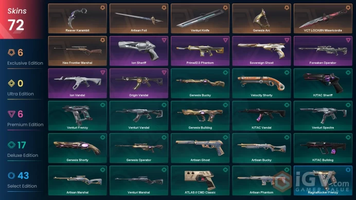 EU-Turkey 72 Skins VCT Knife Reaver Karambit Ion Vandal Origin Vandal Ion Sheriff Neo Frontier Marshal Forsaken Operator #99043350 