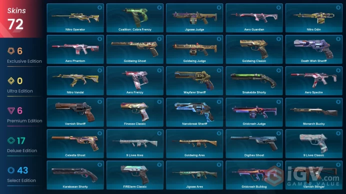 EU-Turkey 72 Skins VCT Knife Reaver Karambit Ion Vandal Origin Vandal Ion Sheriff Neo Frontier Marshal Forsaken Operator #99043350 