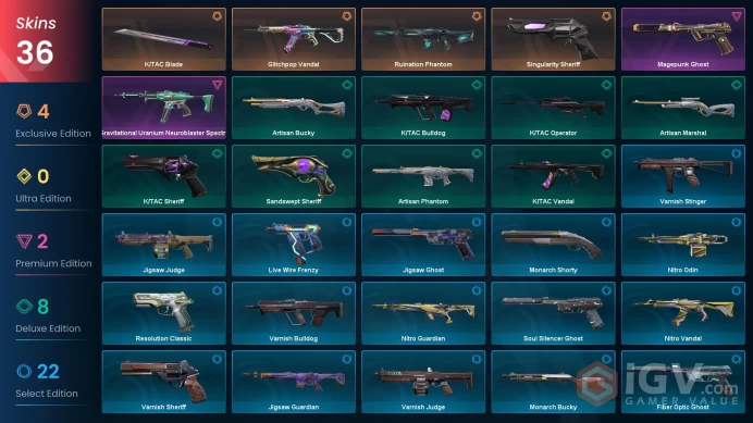 EU / 36 skins / Glitchpop Vandal / Singularity Sheriff / Ruination Phantom / Magepunk Ghost / + Lol account 11 Skins / V20