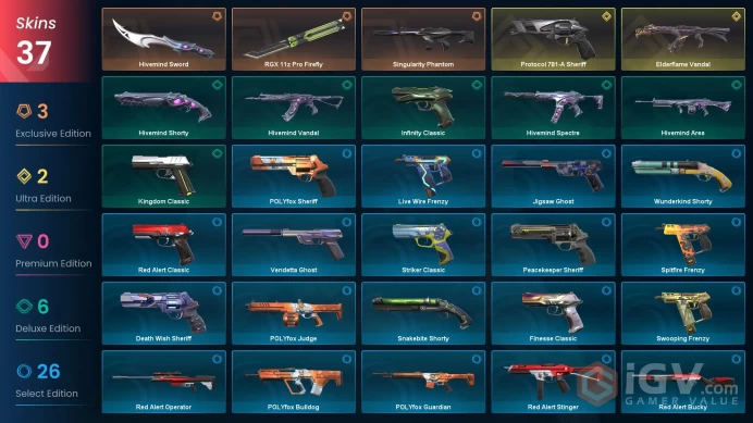 AP | 37 skins | Last Rank Platinum 3 | RGX 11z Pro Firefly | Elderflame Vandal | Hivemind Sword | Protocol 781-A Sheriff | L5272