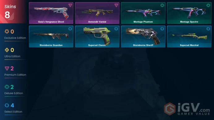 AP | 7 skins | Aemondir Vandal | Gaia's Vengeance Ghost | Montage Spectre | Stormborne Guardian | Superset Classic | Stormborne Sheriff | H1940