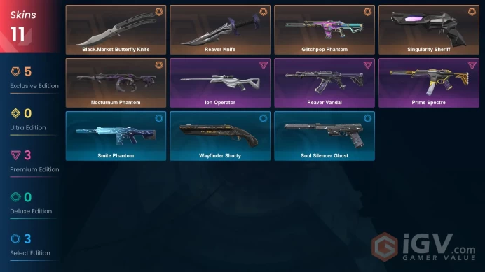EU | 11 skins | Black.Market Butterfly Knife | Reaver Knife | Nocturnum Phantom | Glitchpop Phantom | Reaver Vandal | Ion Operator | L2908