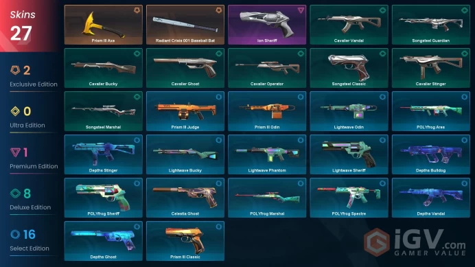 EU | 27 skins | Radiant Crisis 001 Baseball Bat | Prism III Axe | Ion Sheriff | Songsteel Classic | Songsteel Guardian | Cavalier Vandal | P3099