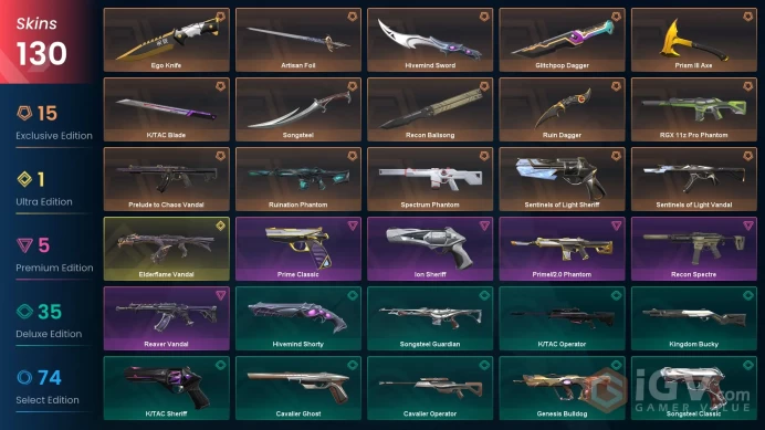 EU [ 130 TOP SKINS + 9 KNIFE ] Ego Knife + Elderflame Vandal + Prelude to Chaos Vandal + Ruin Dagger + Spectrum Phantom / full acces