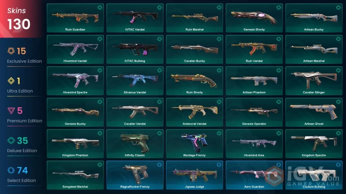 EU [ 130 TOP SKINS + 9 KNIFE ] Ego Knife + Elderflame Vandal + Prelude to Chaos Vandal + Ruin Dagger + Spectrum Phantom / full acces
