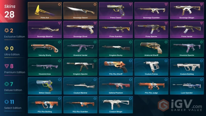 NA / 28 skins / Prime Axe / Sovereign Sword / Prime Vandal / Prime Guardian / Sovereign Marshal / Sovereign Ghost / V25