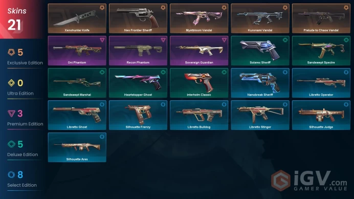 AP 21 skins 1 knifes | Kuronami Vandal | Prelude to Chaos Vandal | Mystbloom Vandal | Xenohunter Knife | Neo Frontier Sheriff | V0293