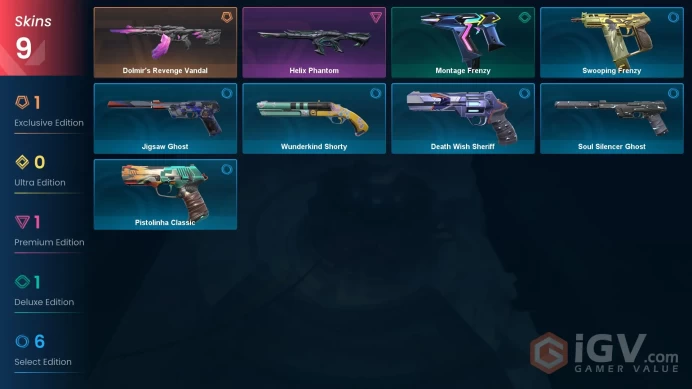 AP 9 skins | Dolmir's Revenge Vandal | Helix Phantom | Montage Frenzy | Wunderkind Shorty | Death Wish Sheriff | Jigsaw Ghost | V0437