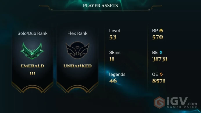 [EUW] S2026 - Emerald 3 -37LP- 74 Winrate - 40W - 14L - +26/-14 LP Gain - 31K Be - 570RP - 13 Skin Shard - Honor 4 -Instant Delivery