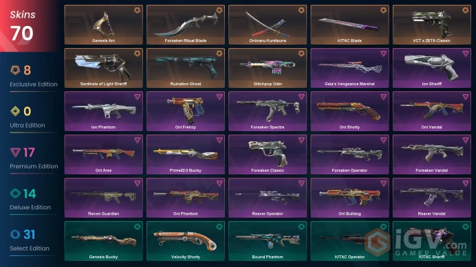 NA / 70 skins / Onimaru Kunitsuna / Forsaken Vandal / Reaver Vandal / Reaver Operator / Ruination Ghost / V27