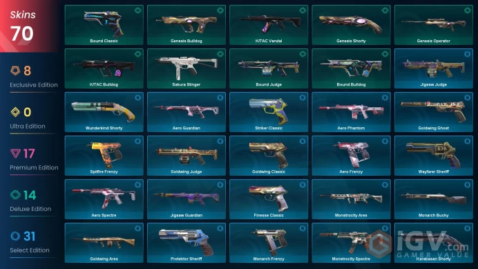 NA / 70 skins / Onimaru Kunitsuna / Forsaken Vandal / Reaver Vandal / Reaver Operator / Ruination Ghost / V27