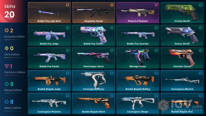 TR/EU Full Access | Gold 3 | 20 Skins Bubble Pop Light Stick + Singularity Vandal + Prime//2.0 Phantom + Convergence Phantom + more 