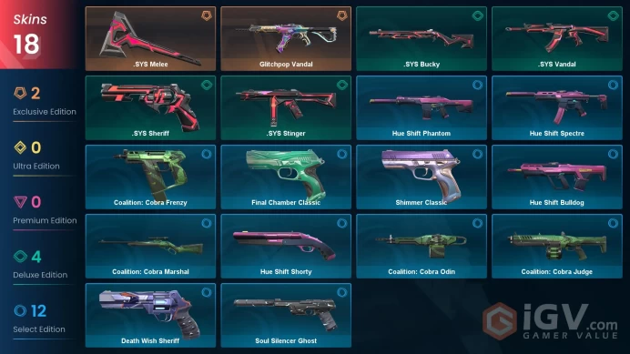 EU | Valorant Account | 18 Skins | 1125 VP | Glitchpop Vandal | .SYS Melee | Coalition: Cobra Marshal | Shimmer Classic