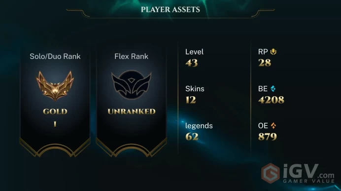  VN  12 SKINS  GOLD 1  62 CHAMPIONS  43 LEVEL  INSTANT DELIVERY  FULL ACCESS  FE9k5 