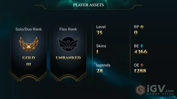  LAN  1 SKINS  GOLD 3  28 CHAMPIONS  35 LEVEL  INSTANT DELIVERY  FULL ACCESS  FEDL4 
