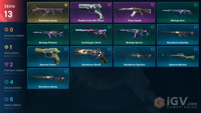 EU\TUR | 475 VP | 13 skins | Elderflame Vandal | Prime Vandal | Radiant Crisis 001 Classic | 	V0128