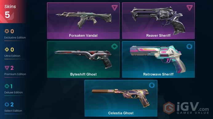 EU | VP 50 | LVL 156 | Reaver Sheriff | Forsaken Vandal | Byteshift Ghost | Retrowave Sheriff | Celestia Ghost | V0410