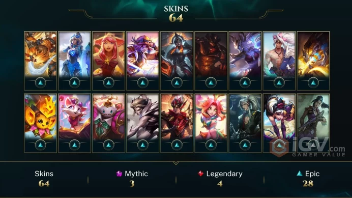 NA 92 Skins | High Noon Senna | Divine Soraka | Vancouver Amumu | Masque of the Black Rose Elise | Three Honors Shen | W8173