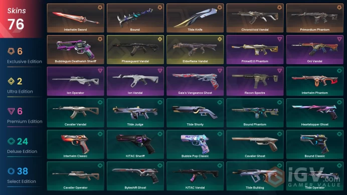 EU | 76 skins | Last Rank Platinum 3 | Elderflame Vandal | Phaseguard Vandal | Primordium Phantom | ChronoVoid Vandal | Ion Vandal | M5791