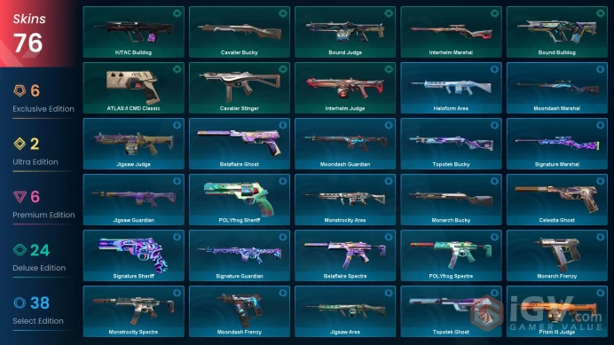 EU | 76 skins | Last Rank Platinum 3 | Elderflame Vandal | Phaseguard Vandal | Primordium Phantom | ChronoVoid Vandal | Ion Vandal | M5791