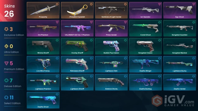 AP | 26 skins | Prime//2.0 Karambit | Sentinels of Light Vandal | Prime Vandal | Prosperity | Ion Operator | Oni Phantom | Q1542