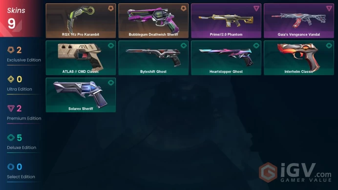 AP | 9 skins | RGX 11z Pro Karambit | Prime//2.0 Phantom | Gaia's Vengeance Vandal | Bubblegum Deathwish Sheriff | Byteshift Ghost | Y7599