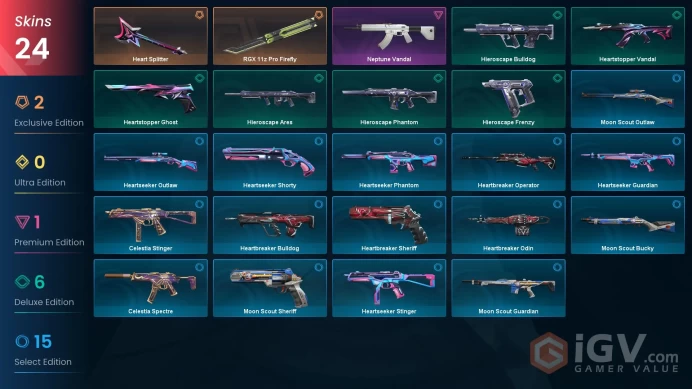 EU | 24 skins | RGX 11z Pro Firefly | Heart Splitter | Neptune Vandal | Heartstopper Vandal | Heartstopper Ghost | Hieroscape Ares | W6927