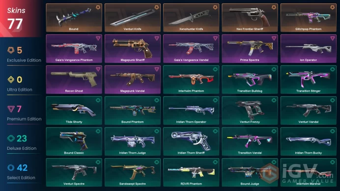 EU | 77 skins | Xenohunter Knife | Neo Frontier Sheriff | Glitchpop Phantom | Venturi Knife | Bound | Gaia's Vengeance Phantom | M1227