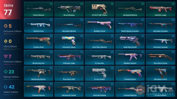 EU | 77 skins | Xenohunter Knife | Neo Frontier Sheriff | Glitchpop Phantom | Venturi Knife | Bound | Gaia's Vengeance Phantom | M1227