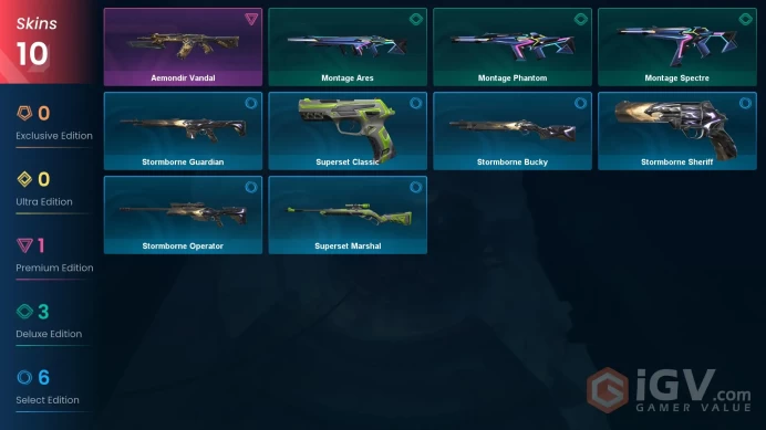 EU | 10 skins | Aemondir Vandal | Montage Ares | Montage Spectre | Montage Phantom | Stormborne Bucky | Stormborne Sheriff | F7432