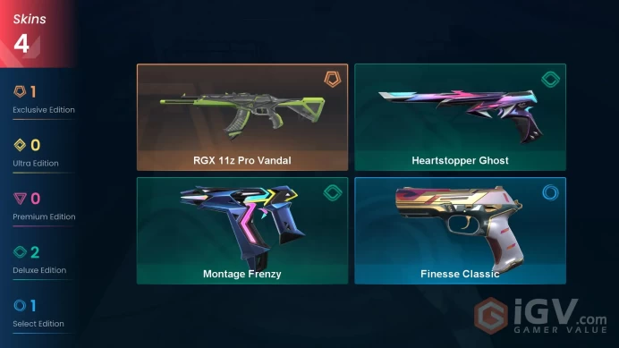 EU | 4 skins | RGX 11z Pro Vandal | Heartstopper Ghost | Montage Frenzy | Finesse Classic | C2124